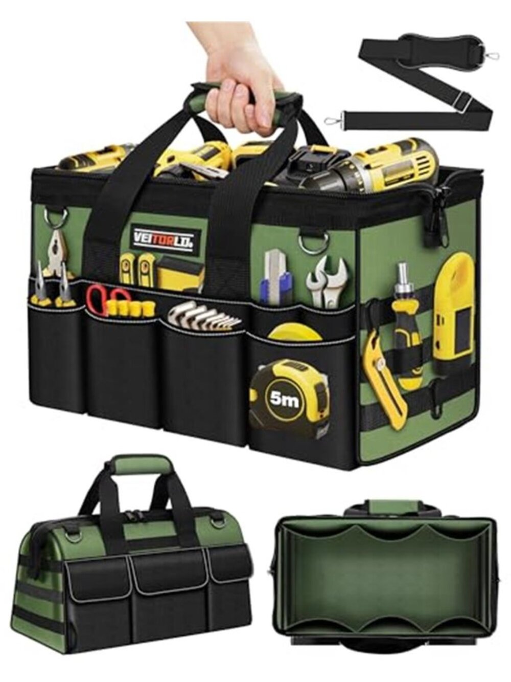 16 Inch Heavy Duty Tool Bag 19 Pocket Wide Mouth Electrician Toolbox Green